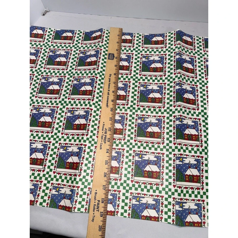 Vintage Christmas Gift Wrap Folk Art Snowy Cottage Green Checkerboard 25x20